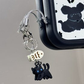 Resim 1pc Siyah Kedi ve Balık Alüminyum Alaşım Telefon Mucizesi, Şirin Minimalist Kişisel Mobil Aksesuar Günlük Kadın Kullanımı İçin 