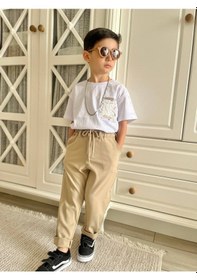 Resim Bej Kumaş Pantolon Beyaz Tişört Takım 2-6 Yaş 2067 Bej 