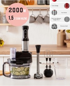 Resim Karaca Çift Katlı 4 Kanatlı Paslanmaz çelik bıçaklar Turbo Özelliği 1,5Litre Hazne 2000W Mutfak Robotu 