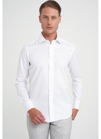Resim Slim Fit %100 Pamuk Non Iron Kumaş Dokulu Klasik Beyaz Gömlek Gk 744 Beyaz 
