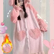 Resim Kadınlar için Sevimli Tavşanlı Kapüşonlu Uyku Bornozu - Cepli Peluş Koral Polar Kışlık Pijama Elbisesi, Rahat Ev ve Dinlenme İçin Her Mevsim Giyimi, Konforlu Ev Kıyafeti | Peluş Malzeme 