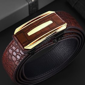 Resim Erkekler için Otomatik Tokalı Timsah Desenli Suni Deri Kemer - Kahverengi ve Siyah, Altın Tonlu Alaşım Toka, Şık İş Gündelik Bel Kemer, Elbise Pantolonları İçin Şık İş Gündelik Bel Kemer, Resmi Kıyafet Aksesuarı, Zarif Tasarım, Dayanıklı İnşaat 