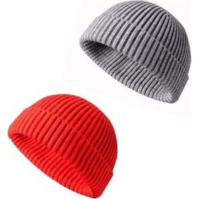 Resim 2 Adet Kısa Bere Hipster Bere Takke Bere Leon Beresi Hip Hop Beresi Takke Kırmızı - Gri 