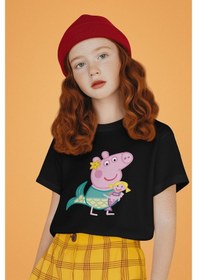 Resim Sevbano Unisex Peppa Pig Baskılı Çizgi Film Çocuk Tişört 1-12 Yaş Siyah 