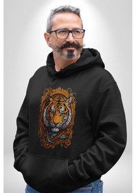 Resim Kaplan Süs Kadın Erkek Siyah Kapüşonlu Sweatshirt Hoodie Siyah 