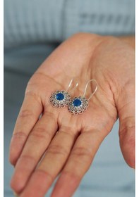 Resim Aralık Mavi Topaz Doğum Taşı Çiçek Motifli Telkari Gümüş Küpe Gümüş 