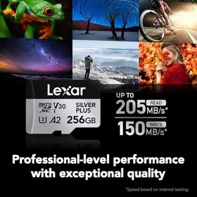 Resim Lexar 256 GB Profesyonel Silver Plus microSDXC Hafıza Kartı w/SD Adaptör, UHS-I, C10, U3, V30, Full-HD ve 4K Video, 205/150 MB/s'ye kadar Okuma/Yazma, Videografçılar, Oyuncular (LMSSIPL256G-BNANU) 