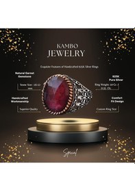 Resim Gerçek Doğal Granat Taşı Yüzük, Sterling Gümüş Erkek Yüzüğü Gümüş 