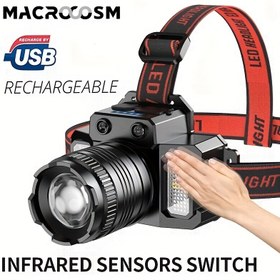 Resim 1 Adet LED Duyarlı Kafa Lambası, USB Şarj Edilebilir Hareket Sensörlü El Feneri, Baş Üstü Işıklandırma Aleti, İç ve Dış Mekan Uygulamaları İçin Gece Devriye Yardım Cihazı - Kamp, Balık Tutma, Avcılık Ve Ev Acil Durumları İçin 