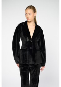 Resim Kadın Siyah Balon Kol Kadife Blazer Siyah 