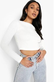 Resim CHEISU Kadın Beyaz Bisiklet Yaka Uzun Kol Crop T-shirt Bluz Kaşkorse Fitilli 