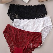 Resim 3 adet Seksi Çiçek Desenli Dantel Kenarlı Külot - Orta Bel, Kontrast Dantel Kenar, Düz Renk (Kırmızı, Mavi, Siyah) Kadınlar İçin, Dantel Kenarlı Külot 