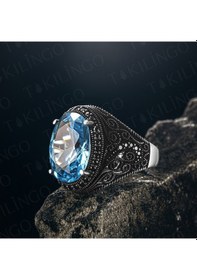 Resim Takılingo 925 Ayar Gümüş Akuamarin Taşlı Siyah Rodajlı Erkek Yüzük Gümüş 