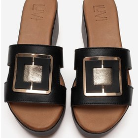 Resim Luvishoes Hıola Siyah Hakiki Deri Tokalı Kadın Dolgu Topuklu Terlik 