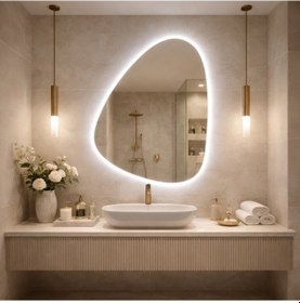 Resim 55x77 Cm Modern Asimetrik Led Banyo Aynası Dokunmatik Sensörlü, Dimmerli, 6500k Beyaz Işık Beyaz 