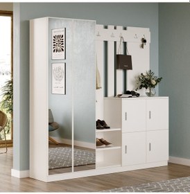 Resim Robin Home Nova Aynalı Vestiyer Portmanto Ayakkabılık Beyaz 