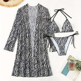 Resim Moda Şal Güneş Kremi File Bikini Üç Parçalı Set 