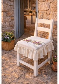 Resim Romantik Ege Mor Gül Kanaviçe Nakışlı Fırfırlı Sandalye Minderi Çok Renkli 