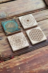 Resim Oscar Stone Decor Taş Bardak Altlığı Stone Coasters 4Lü Set Lotus Sri Yantra Yaşam Çiçeği Ba545 