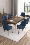 Resim Canisa Are Serisi 80x132 Mdf Açılabilir Barok Ahşap Desen Masa Takımı Ve 6 Lacivert Sandalye 