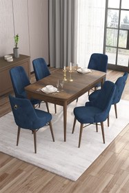 Resim Canisa Are Serisi 80x132 Mdf Açılabilir Barok Ahşap Desen Masa Takımı Ve 6 Lacivert Sandalye 