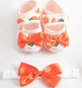 Resim LOGO AKSESUAR 0-3 Ay Yeni Doğan Portakal Desenli Turuncu-Beyaz Bebek Bandana Patik Seti 