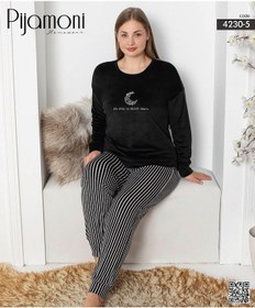 Resim Pijamoni Kadın Kadife Büyük Beden Bisiklet Yaka Uzun Kol Pijama Takımı 4230/5- 1 Adet Siyah 