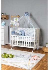 Resim Ahşap Beşik Anne Yanı Beşik Beyaz 60x120 - Mavi Yıldız 3 Yastıklı Uyku Seti + Yataklı + Tekerlekli Beyaz 
