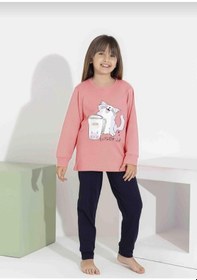 Resim Kız Çocuk Kedi Baskılı Uzun Kollu Pijama Takımı Rahat Ev Giyimi-8411- Pembe 