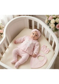 Resim Zeynuko Kız Bebek Dantel Fiyonklu 0-3 Ay 5'li Yenidoğan Hastane Çıkışı Zıbın Seti Pembe 