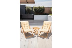 Resim Flex 2'li Ahşap Puf Minderli Bahçe, Balkon, Teras ve Plaj Katlanır Şezlong Set Bistro 