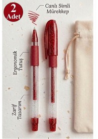 Resim Kırmızı Simli Jel Kalem 1.0mm 2 Adet Akıcı Yazım Pensan Simli Jel Kalem Tükenmez Simli Kalem Simli Pilot Kalem Canlı 