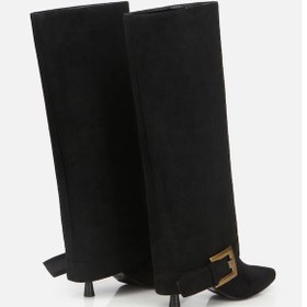 Resim Kadın Süet Siyah Pantolon Görünümlü Tokalı Topuklu Çizme Siyah 