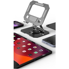 Resim 360 Dönen Siyah Metal Ayarlanır Katlanabilir Tablet Telefon Yükselten Tablet Telefon Çalışma Standı 