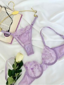 Resim Arinda Barbie Lila Çiçek Desenli Brode İşlemeli Tek Renk Balenli Kapsız Sütyen Tanga Alt Üst İç Çamaşırı Takımı 