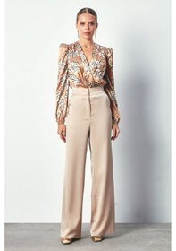 Resim Sateen Desenli Bodysuit Bluz - Camel 