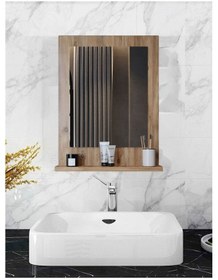 Resim Safir Stil 60x45 Atlantik Çam Raflı Banyo Aynası Kahverengi 