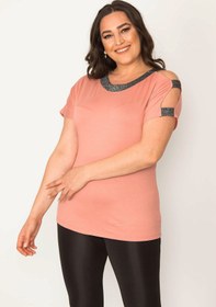 Resim Şans Kadın Büyük Beden Somon Tek Omuzu Ve Yakası Sim Detaylı Bluz 65n30449 