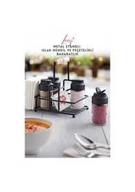 Resim Grimorlife Metal Standlı Peçetelikli Islak Mendil Bölmeli 4'lü Çift Kapaklı Cam Restoran Kafe Baharatlık Seti Diğer 