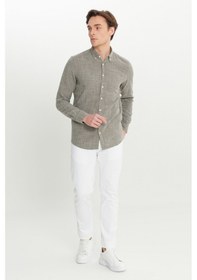 Resim AC&Co / Altınyıldız Classics Erkek Hakı %100 Pamuk Flamlı Slim Fit Dar Kesim Düğmeli Yaka Armürlü Gömlek Haki 