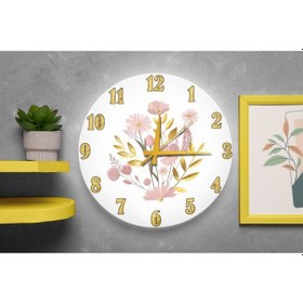 Resim Gold Rakamlı Pembe Çiçek Buketi Sessiz Duvar Saati 40 Cm Bej 