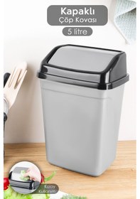 Resim Kapaklı Plastik Çöp Kovası - Ev Ofis Banyo Mutfak Tezgah Üstü Çöp Kovası Gri 5 Litre Gri 