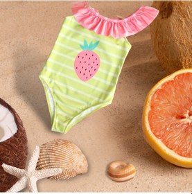 Resim Lolliboomkids Kız Çocuk Çilek Desen Fırfır Yaka Yeşil Çizgili Pembe Detaylı Mayo Yeni Sezon Pembe - Su Yeşili 