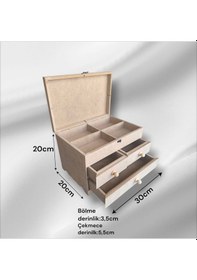 Resim Ahşap Boyanabilir- Ham Mdf- 3 Çekmeceli-4bölmeli Organizer Kutu 