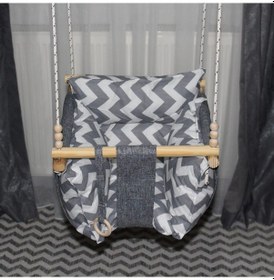 Resim Ahşap Çocuk & Bebek Salıncağı Gri Renk Minder Yastık Ve Diş Halkalı Tavan Salıncak 