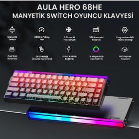 Resim Aula Hero 68 He Manyetik Klavye Rapid Trigger Dragon King Switch 8000hz Rgb Neon Tkl Hot Swap Oyuncu Klavyesi Kırmızı 