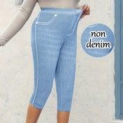 Resim Kadınların Açık Mavi Capri Taytleri - Esnek, Suni Kot Baskılı, Orta Uyluk Boyu, Tüm Mevsimler İçin Rahat, Makine Yıkanabilir, Polyester Karışımı, Rahat Giyim Taytleri|Capri Stili|Şeffaf Malzeme 