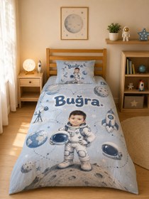 Resim Evmila Karikatüristik Astronot Temalı Nevresim Takımı - 100x150 cm Nevresim ( Bebek Boy Özelleştirilmiş ) + 35x45 cm Yastık Kılıfı 