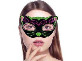 Resim Siyah Kadife Kaplama Üzeri Pembe Yeşil Sim Işlemeli Kedi Maskesi 20X13 cm 