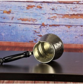 Resim Ahşap Sap Nikel Kaplama Kalın Dövme Topak Bakır Cezve 225 Ml 